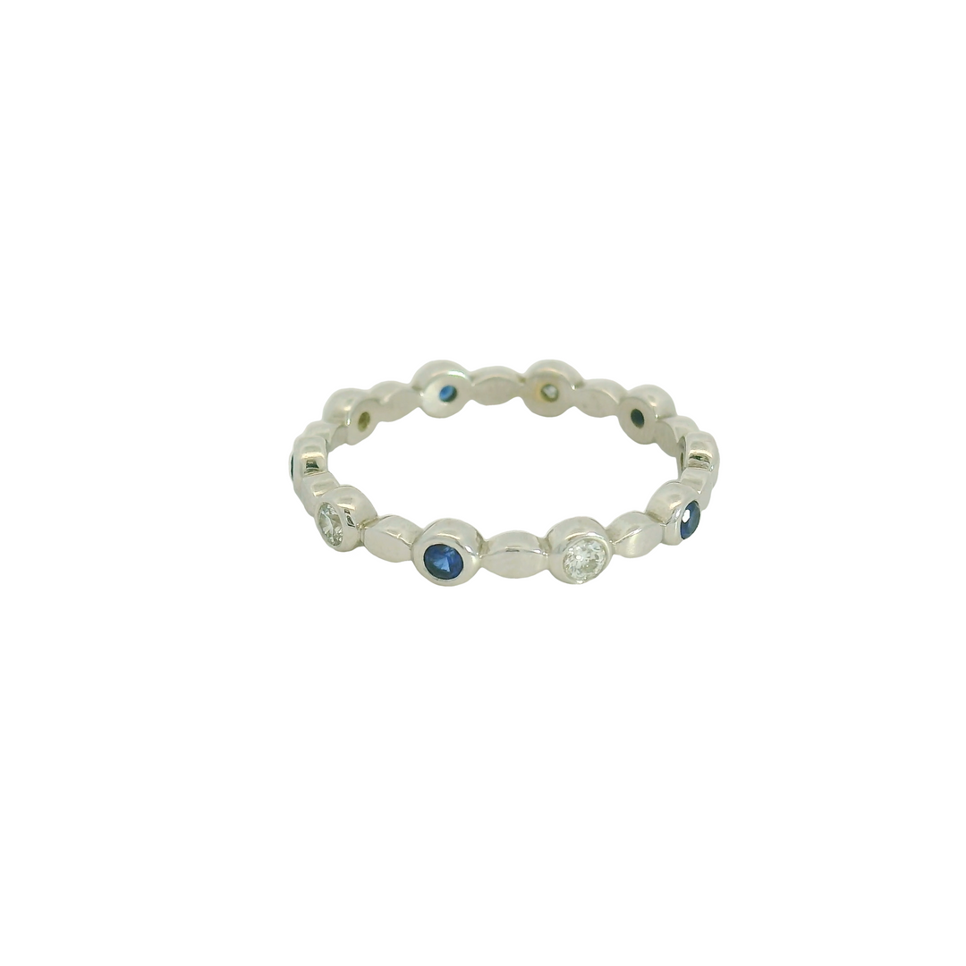 14K White Gold Estate Band Gemstone Ring set with 5 Sapphires, 0.20 ctw and 5 G/H Round Diamonds, 0.15 ctw.,  total stone weight measures 0.35 ctw.