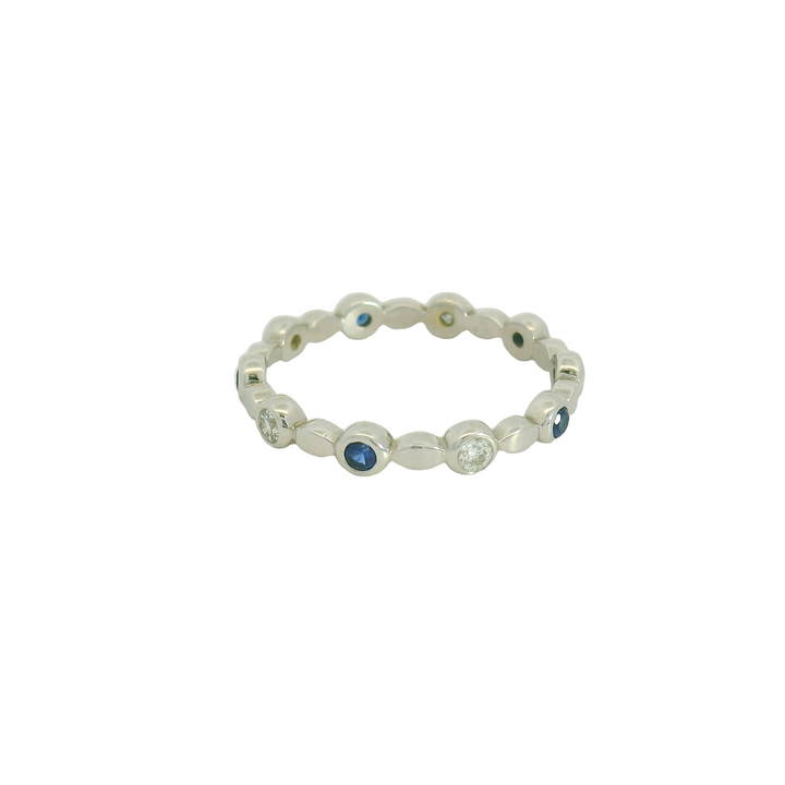 14K White Gold Estate Band Gemstone Ring set with 5 Sapphires, 0.20 ctw and 5 G/H Round Diamonds, 0.15 ctw.,  total stone weight measures 0.35 ctw.