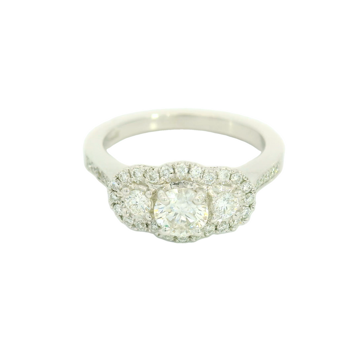 14K White Gold Three Stone Halo Engagement Ring set with 1 0.41 ct Round Diamond, G/H SI2, and 38 Round Diamonds, 0.35 ctw