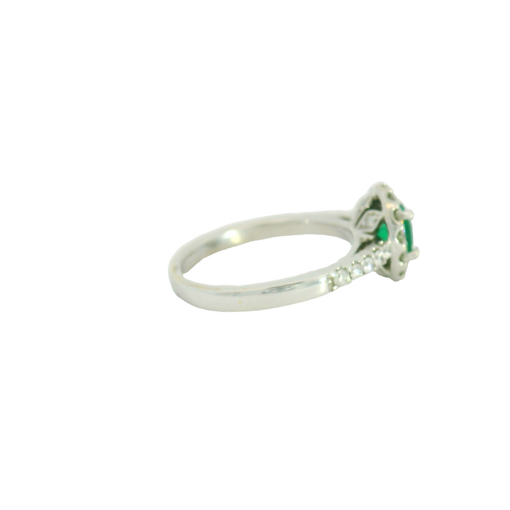 18K White Gold Estate Halo Gemstone Ring set with 1 Emerald, 0.50 ctw and 24 H/I, SI Diamonds 0.42 ctw,  total stone weight measures 0.92 ctw..