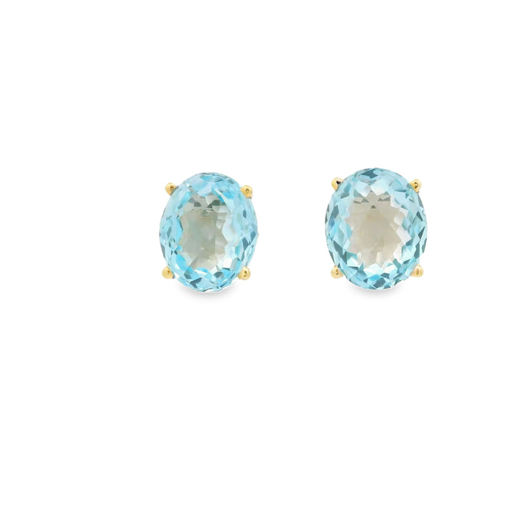 Estate 14K Yellow Gold Stud Earrings set with 2 Checkerboard Oval Blue Topaz, 12.00 ctw (estimated)