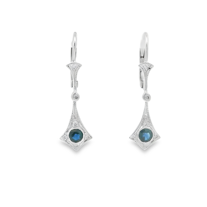 14K White Gold Estate Dangle Earrings set with 2 Round Sapphires, 0.58 ctw.