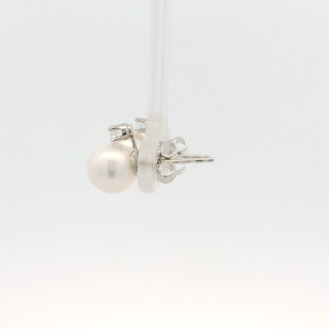 14K White Gold Stud Earrings set with 2 Round 7.5 mm to 8 mm Akoya  Pearls with Two  0.10 ctw.Diamonds