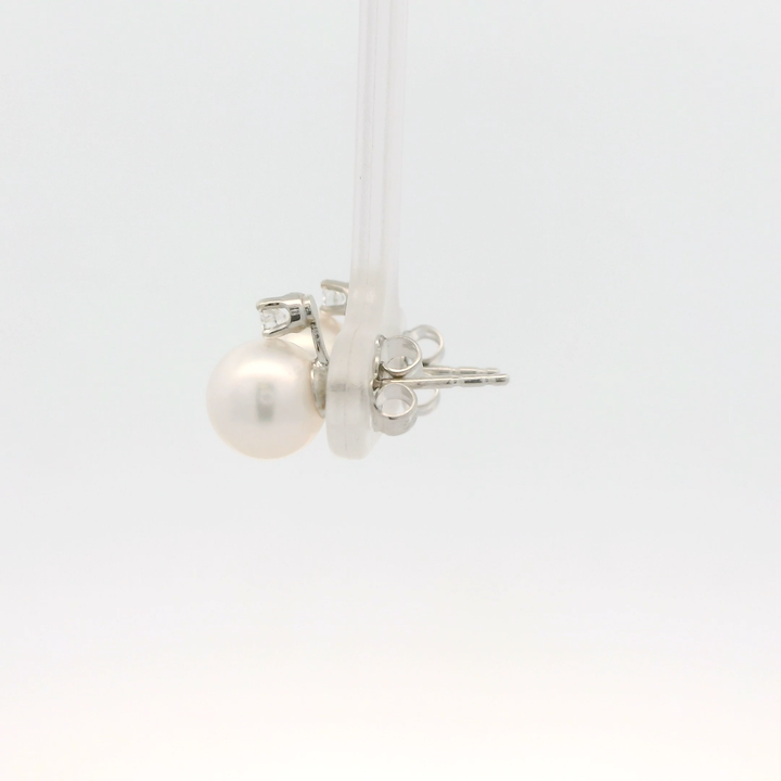 14K White Gold Stud Earrings set with 2 Round 7.5 mm to 8 mm Akoya  Pearls with Two  0.10 ctw.Diamonds