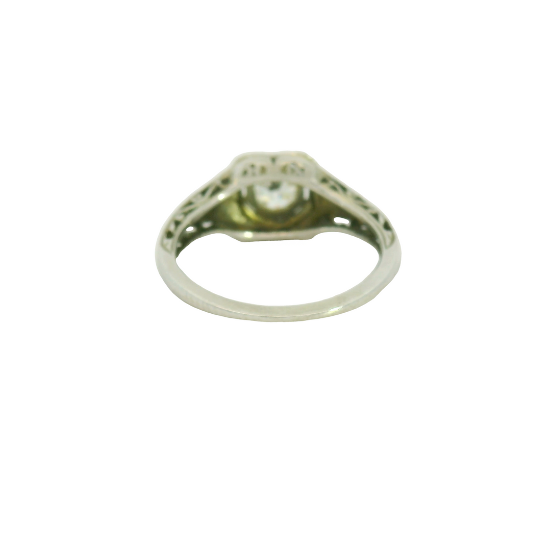 18K White Gold Estate Solitaire Engagement Rings set with 1 H VS1 0.42 Ct. Old European Cut Diamond center stone, Total diamond weight for ring measures 0.42 ctw.