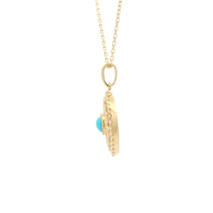14K Yellow Gold Drop Gemstone Pendant with 1 Round Turquoise, 0.37 ct and 40 Round Diamonds, 0.30 ctw on a 16-18 inch 14K Yellow Cable chain