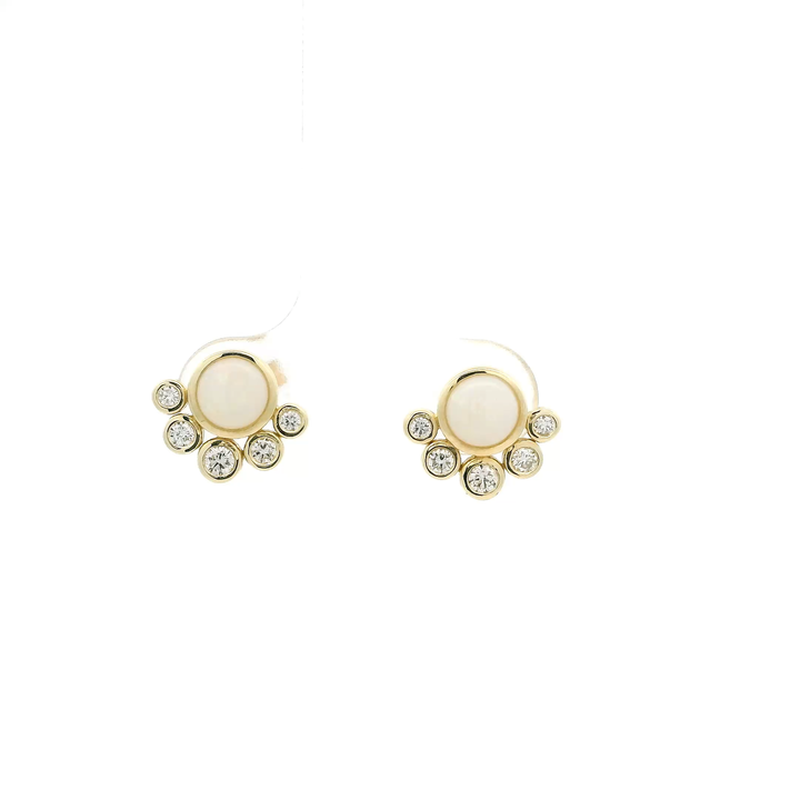 14K Yellow Gold Half Halo Earrings set with 2 Round Opals, 0.70 ctw and 10 Round Diamonds, 0.30 ctw