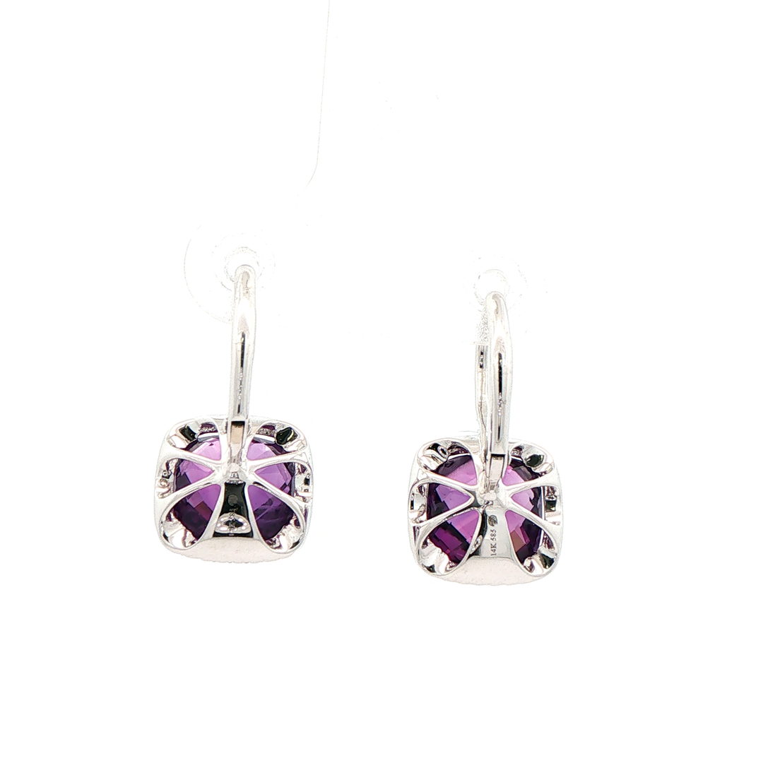 14K White Gold Dangle Earrings set with 2 Cushion cut Amethysts, ctw.