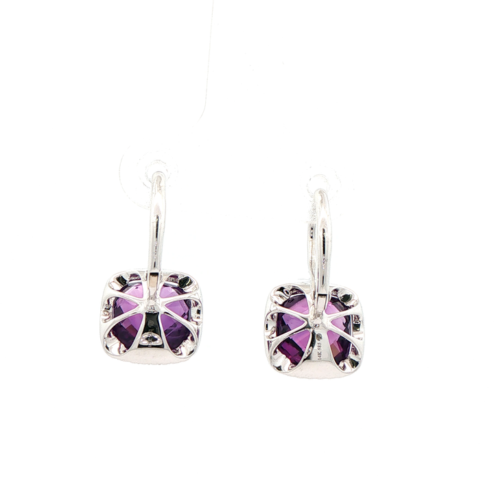 14K White Gold Dangle Earrings set with 2 Cushion cut Amethysts, ctw.