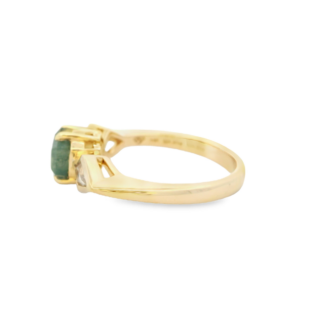 14K Yellow Gold Side Stone Gemstone Ring set with 1 Moss Agate, 0.87 ctw., and 2 kite shaped Moonstones, 0.32 ctw.,  total stone weight measures 1.19 ctw..