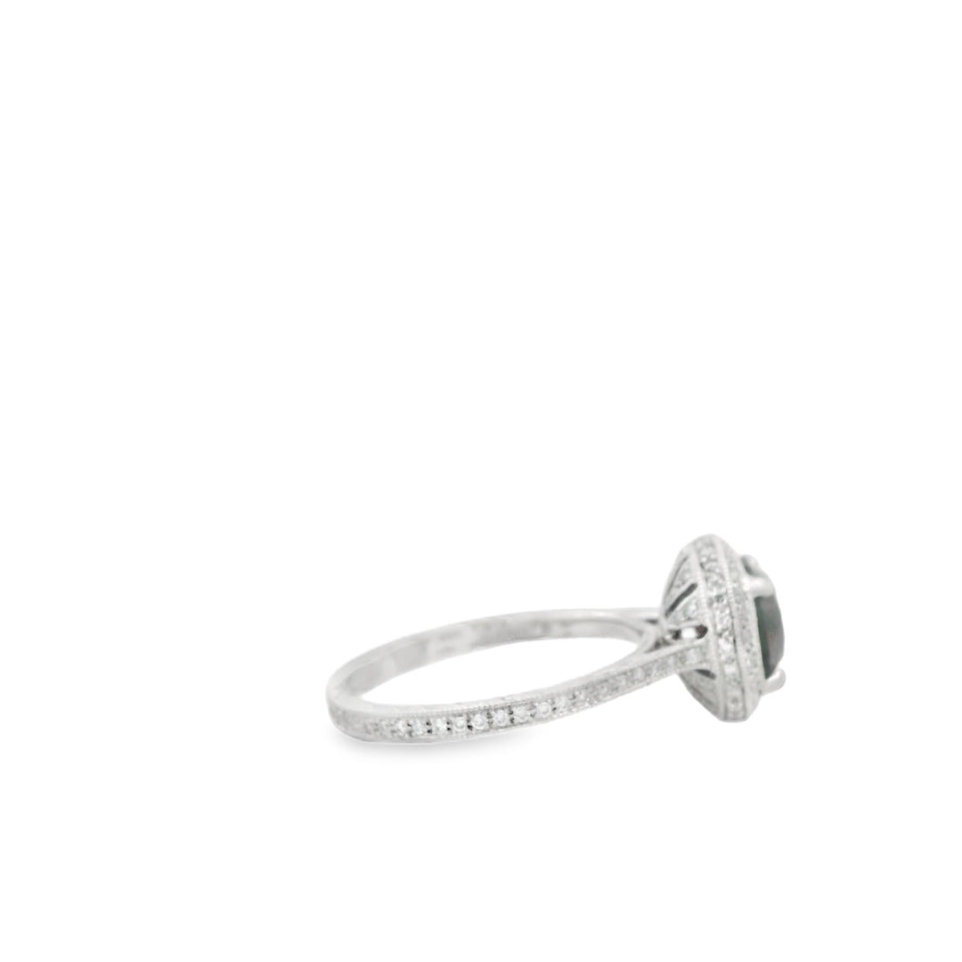 Platinum Halo Gemstone Ring set with 1 Zircon, 2.20 ctw., and 116 Round G/H SI Diamonds, 0.37 ctw., total stone weight measures 2.57 ctw.