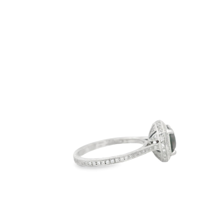 Platinum Halo Gemstone Ring set with 1 Zircon, 2.20 ctw., and 116 Round G/H SI Diamonds, 0.37 ctw., total stone weight measures 2.57 ctw.