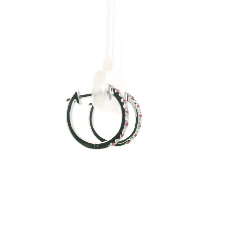 14K White Gold Hoop Earrings set with 12 Round Rubies, 0.07 ctw and 12 Round Diamonds, 0.05 ctw