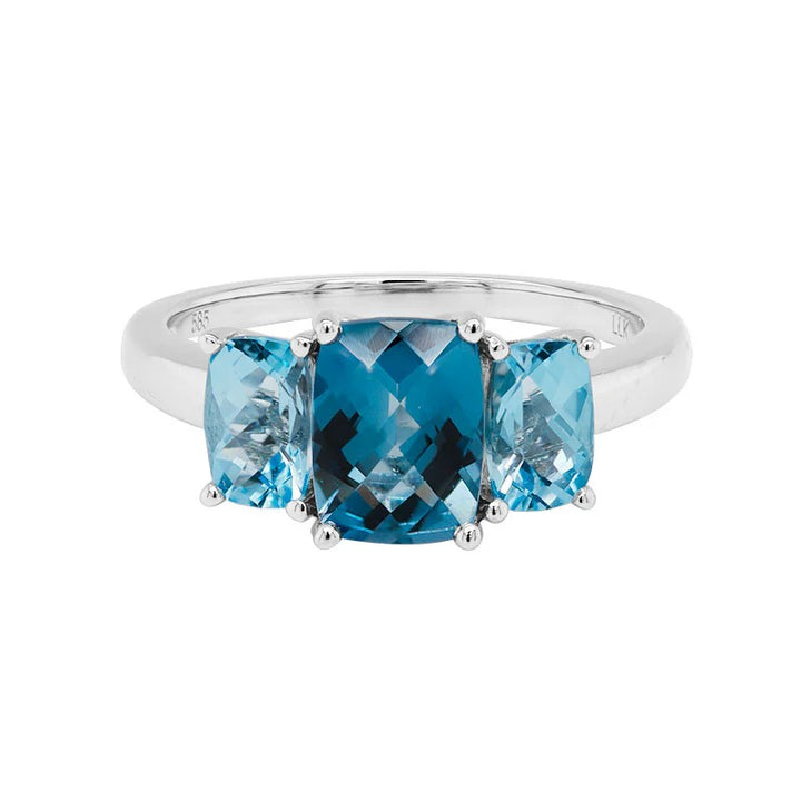 14K White Gold Three Stone Gemstone Ring set with 1 Cushion London Blue Topaz, 1.50 ct and 2 Cushion Sky Blue Topazes, 2.00 ctw