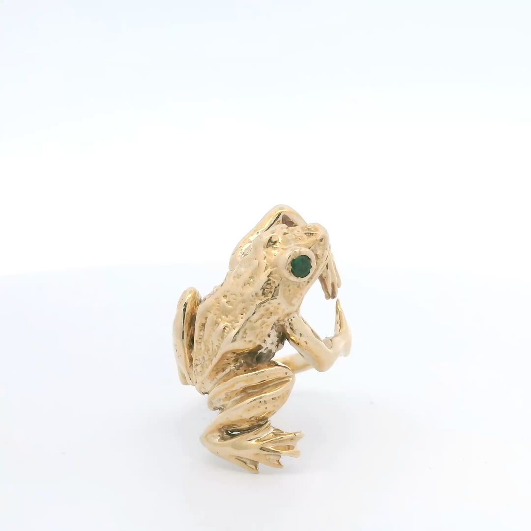 Estate 14K Yellow Gold Frog Ring with 2 Round Emerald Eyes, 0.16 ctw