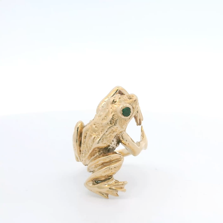 Estate 14K Yellow Gold Frog Ring with 2 Round Emerald Eyes, 0.16 ctw
