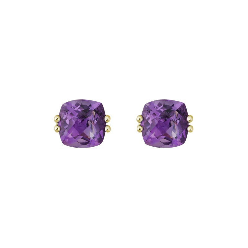 14K Yellow Gold Stud Earrings set with 2 Cushion Amethysts, 1.60 ctw