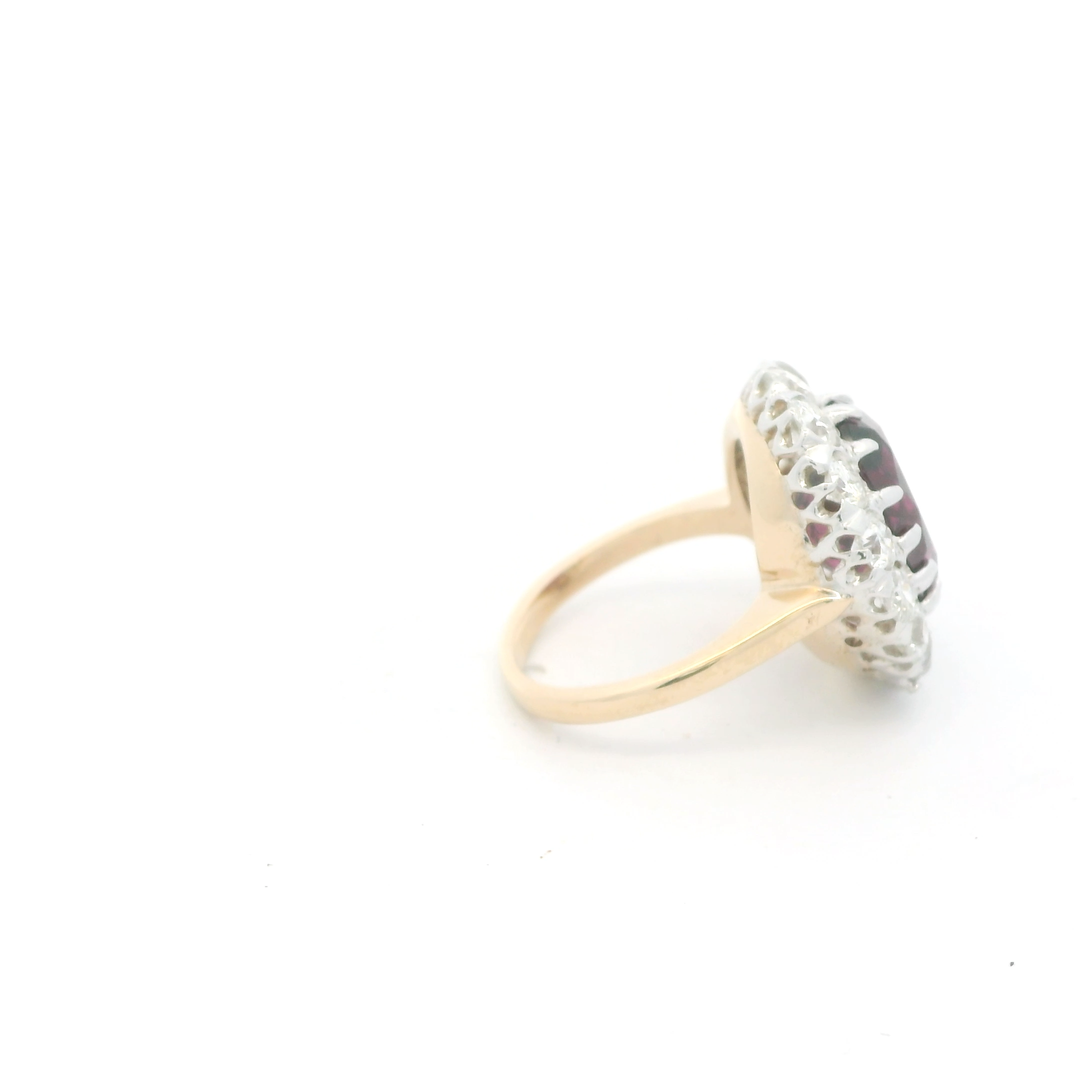 Estate 14K Yellow Gold Halo Ring with 1 Oval Garnet, 6.24 ct and 14 Old European Cut Diamonds, 2.00 ctw
