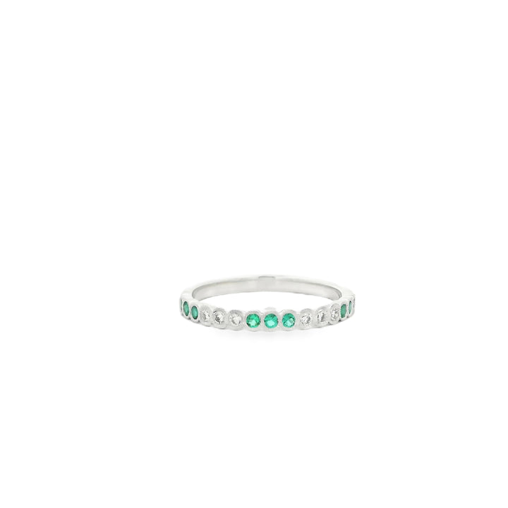 14K White Gold Band with 9 Round Emeralds, 0.13 ct and 6 Round Diamonds, 0.09 ctw