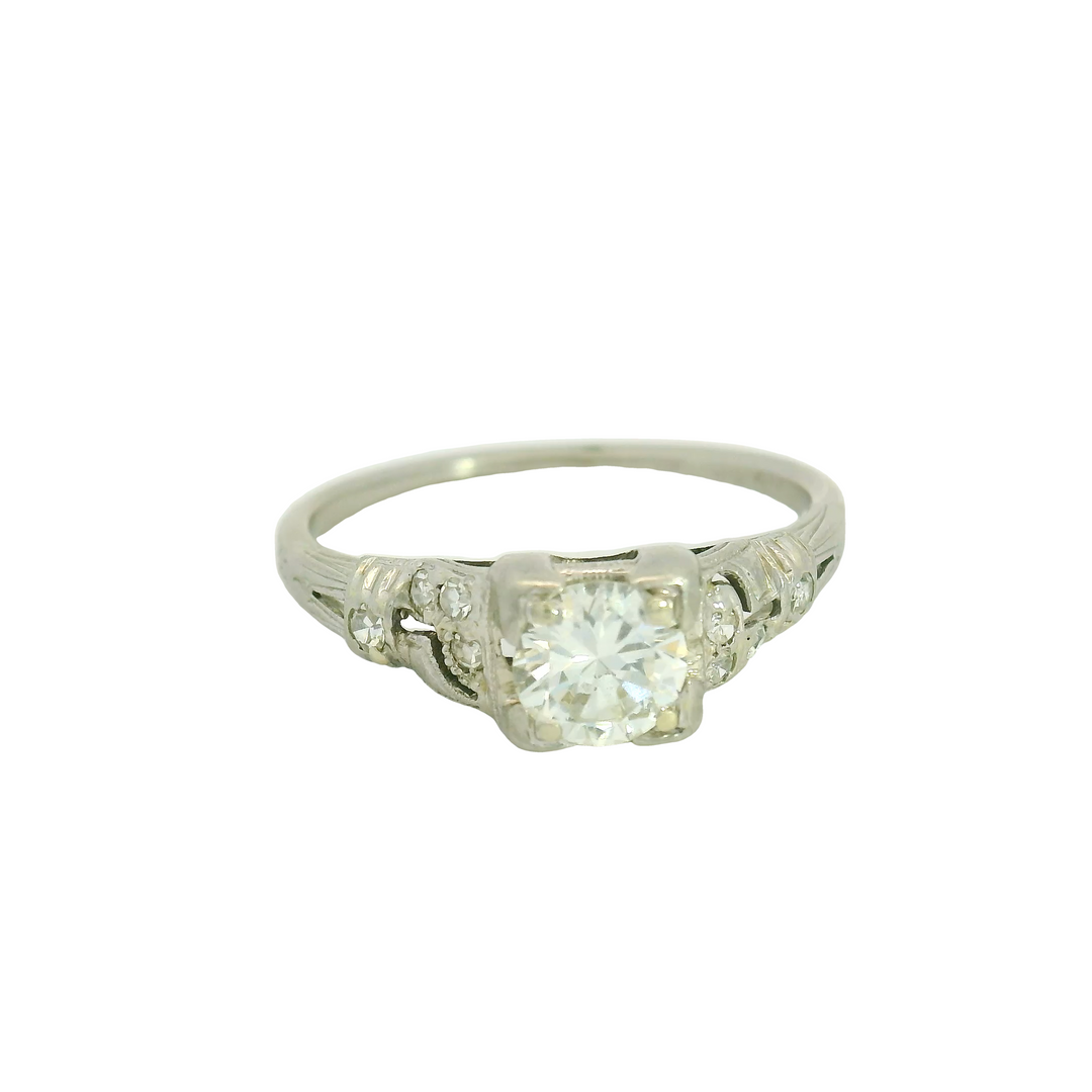 Estate Platinum Art Deco Engagement Ring set with 1 0.50 ct Round Diamond, H SI1, and 8 Round Diamonds, 0.15 ctw