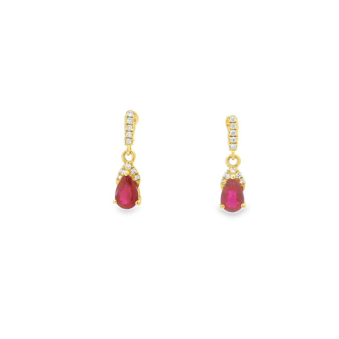 18K Yellow Gold Drop Earrings set with 2 Pear Rubies, 1.05 ctw and 20 Round Diamonds, 0.10 ctw