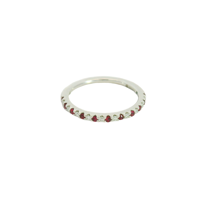 14K White Gold Band Gemstone Ring set with 11 Rubies, 0.20 ctw., and 10 G/H SI Diamonds, 0.12 ctw. total stone weight measures 0.32 ctw.
