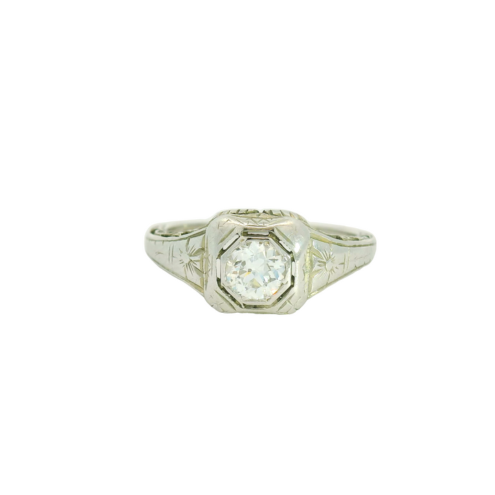 18K White Gold Estate Solitaire Engagement Rings set with 1 H VS1 0.42 Ct. Old European Cut Diamond center stone, Total diamond weight for ring measures 0.42 ctw.