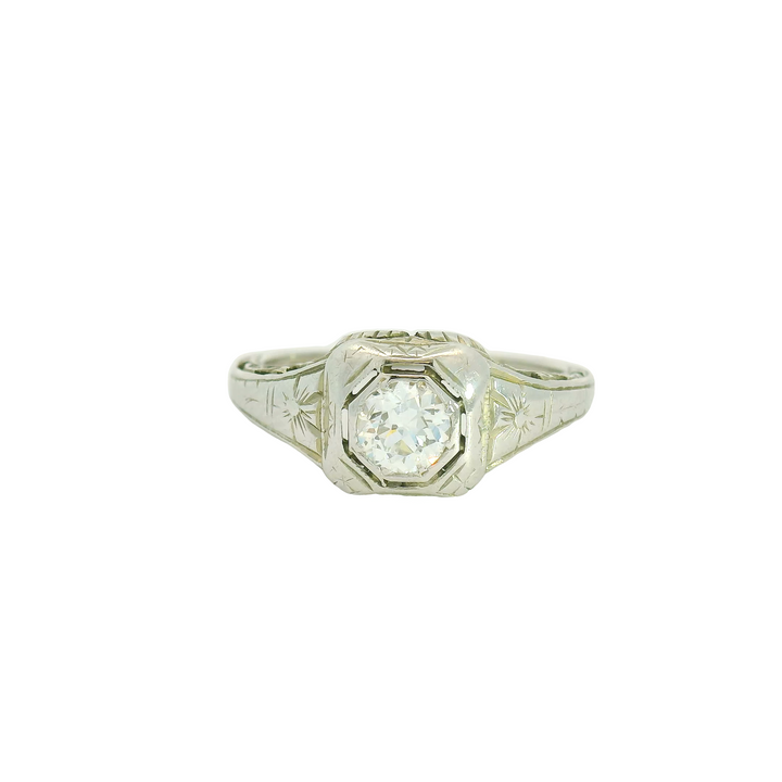 18KG White Gold Estate Solitaire Engagement Ring Total diamond weight for ring measures 0.42 ctw.