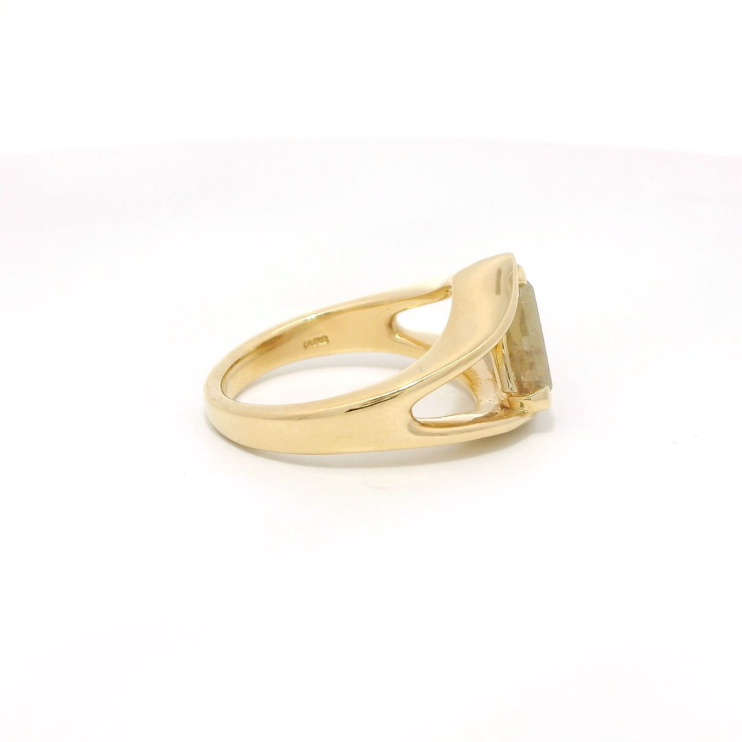 Marthaler Made 14K Yellow Gold Contemporary Solitaire Engagement Rings set with 1 2.42 Ct. Trillion Diamond center stone, Total diamond weight for ring measures 2.42 ctw.