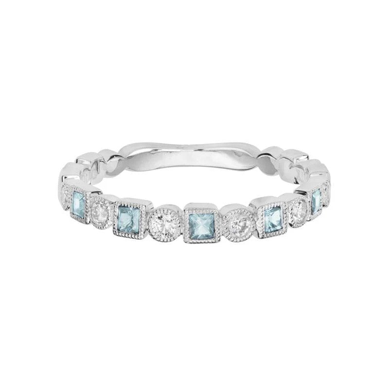 14K White Gold Alternating Gemstone Band set with 5 Princess Cut Aquamarines, 0.23 ctw and 6 Round Diamonds, 0.15 ctw