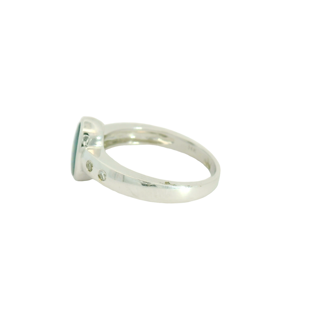 14K White Gold Bezel Ring with 1 Oval Opal, 0.83 ct and 4 Round Diamonds, 0.06 ctw