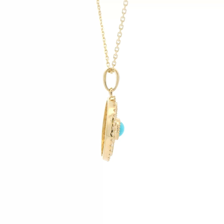 14K Yellow Gold Drop Gemstone Pendant with 1 Round Turquoise, 0.37 ct and 40 Round Diamonds, 0.30 ctw on a 16-18 inch 14K Yellow Cable chain