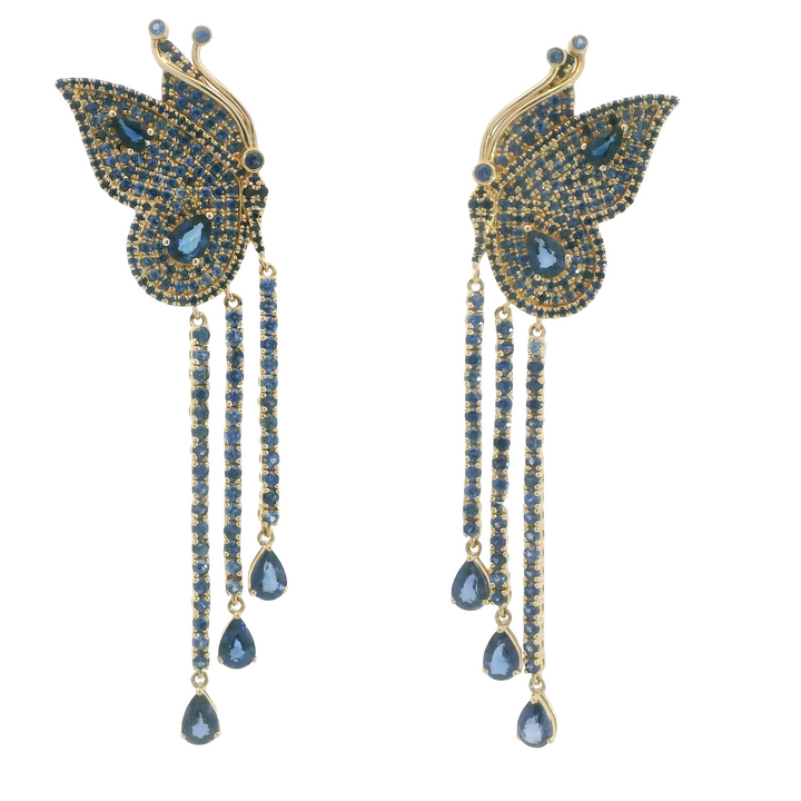 14K Yellow Gold Butterfly Earrings set with 436 Various Shapes Sapphires, 10.77 ctw.