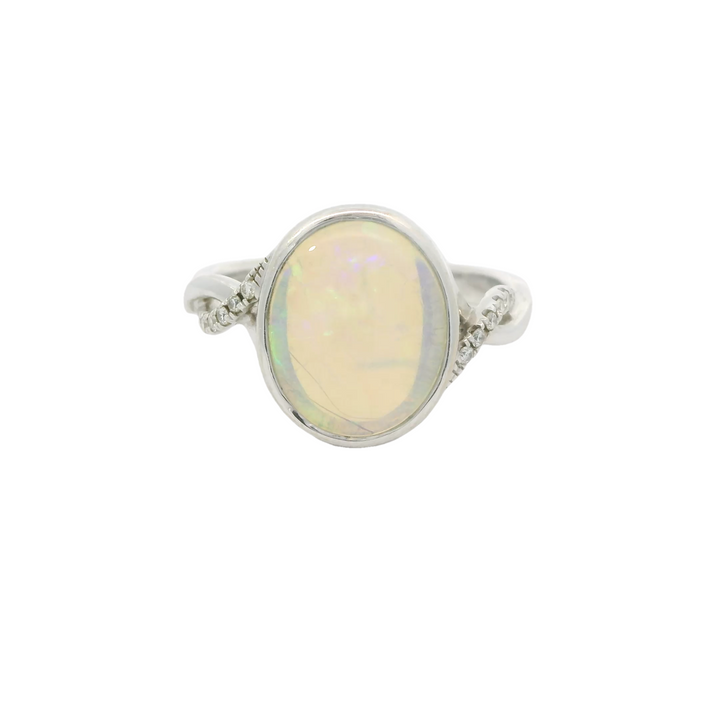Estate 14K White Gold Accented Ring with 1 Cabochon Opal, 2.96 ct and 12 Round Diamonds, 0.06 ctw