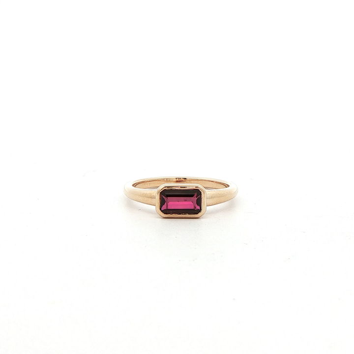 Marthaler Made 14K Yellow Gold East to West Bezel Ring with 1 Emerald Cut Ruby, 1.06 ct