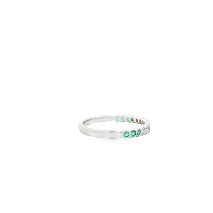 14K White Gold Band with 9 Round Emeralds, 0.13 ct and 6 Round Diamonds, 0.09 ctw