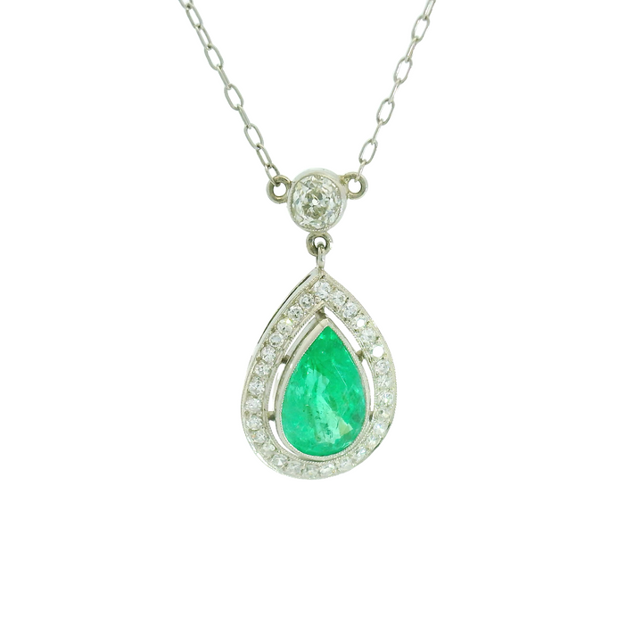 Platinum White Gold Estate Emerald Halo style Gemstone Pendant on a chain