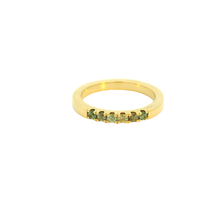 Marthaler Made 14K Yellow Gold Band Gemstone Ring set with 6 Montana Sapphires total stone weight measures 0.3 ctw.