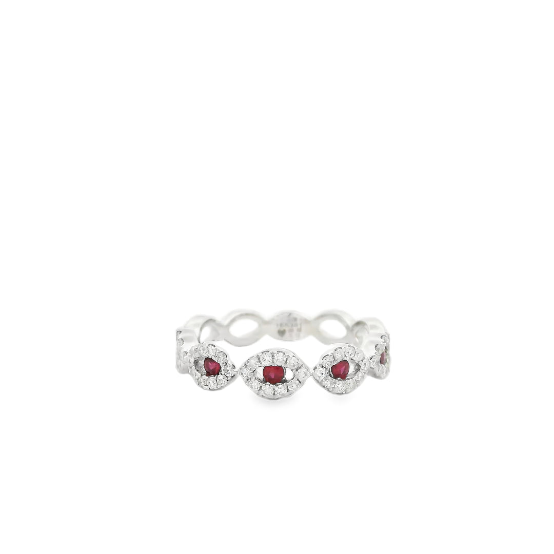 14K White Gold Band Gemstone Ring set with 5 Round Rubies, 0.18 ctw and 50 Round Diamonds, 0.33 ctw