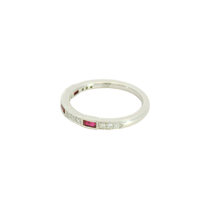 14K White Gold Band Gemstone Ring set with 3 Baguette Rubies 0.27 ctw and 12 G/H SI Diamonds, 0.12 ctw.  total stone weight measures 0.39 ctw.