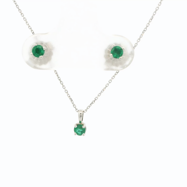 Marthaler Made Solitaire Stud Earrings in 14K White Gold with 2 Round Emeralds, 0.18 ctw and Solitaire Pendant in 14K White Gold with 1 Round Emerald, 0.09 ct on a 18 inch Cable Chain