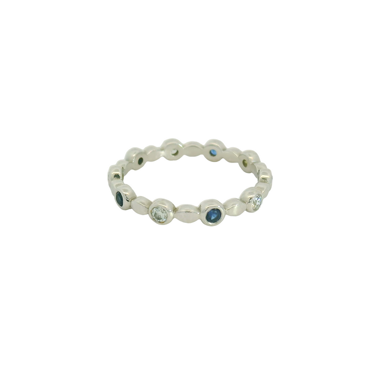 14K White Gold Estate Band Gemstone Ring set with 5 Sapphires, 0.20 ctw and 5 G/H Round Diamonds, 0.15 ctw.,  total stone weight measures 0.35 ctw.