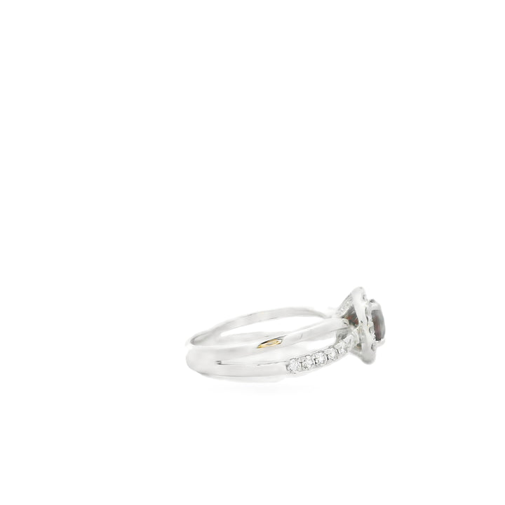 14K 14K White Gold Crossover Ring with 1 Round Garnet, 0.90 ct and 34 Round Diamonds, 0.49 ctw
