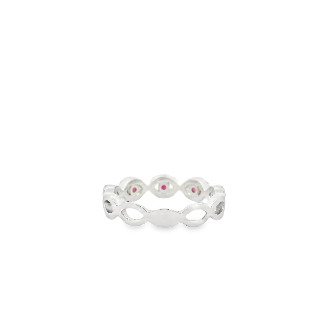 14K White Gold Band Gemstone Ring set with 5 Round Rubies, 0.18 ctw and 50 Round Diamonds, 0.33 ctw