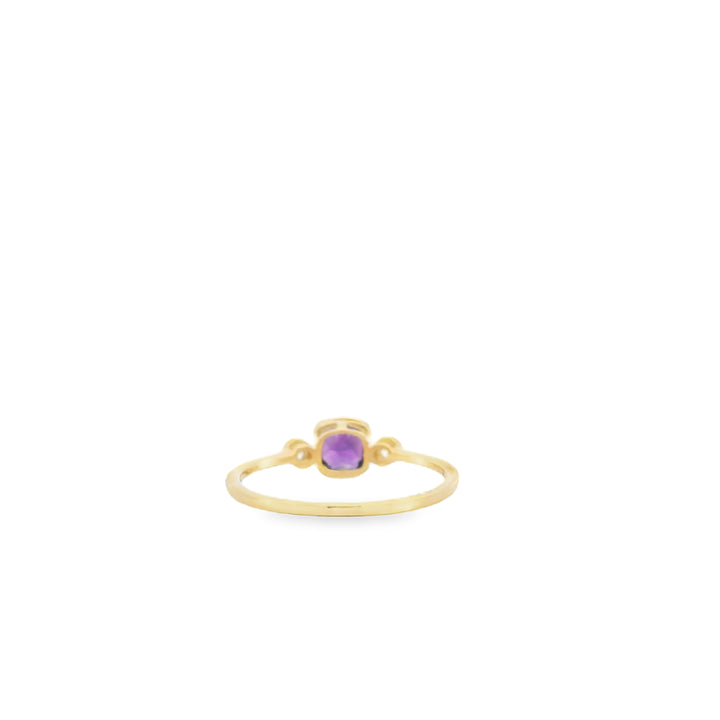 14K Yellow Gold Milgrain Bezel Three Stone Ring with 1 Cushion Amethyst, 0.61 ct and 2 Round Diamonds, 0.06 ctw