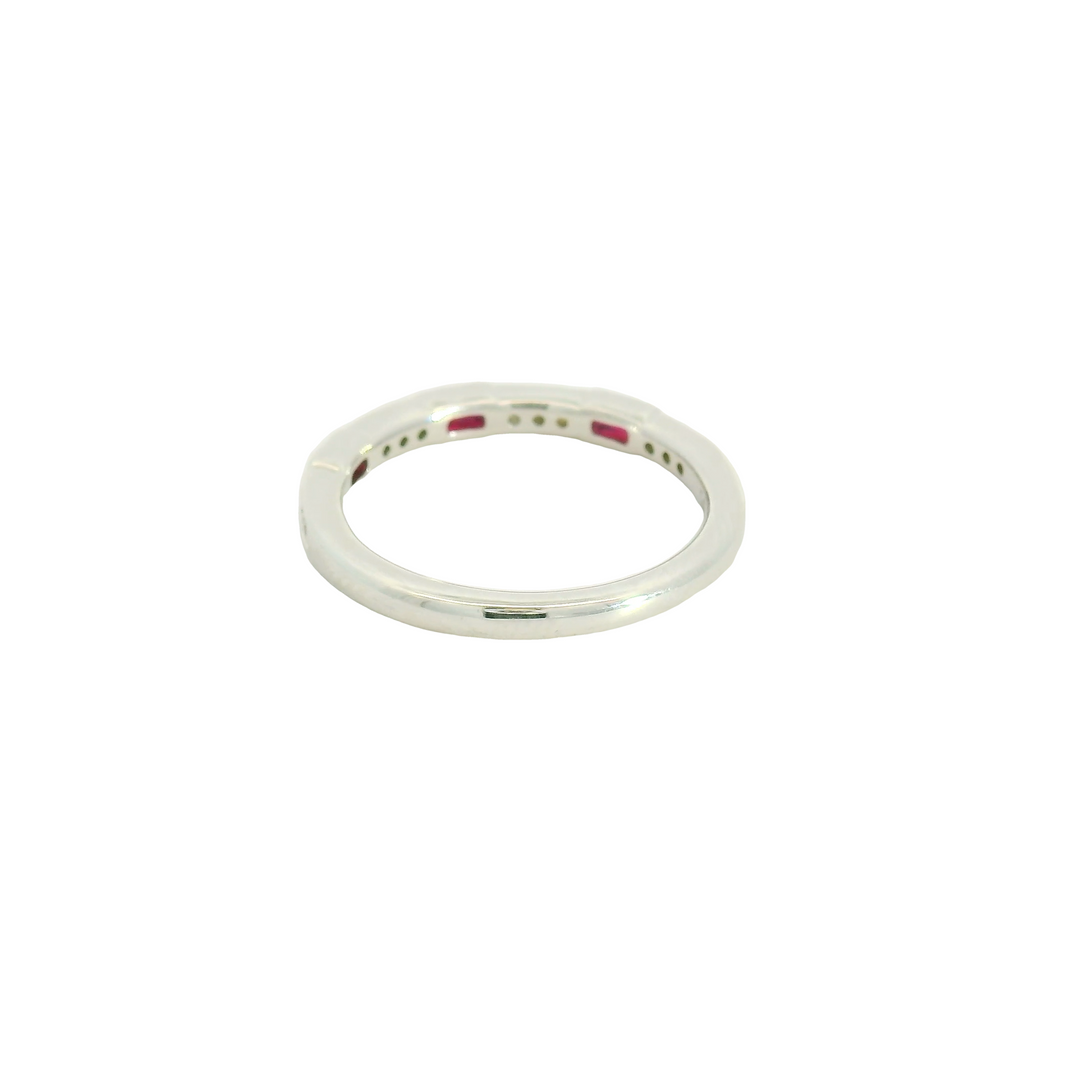 14K White Gold Band Gemstone Ring set with 3 Baguette Rubies 0.27 ctw and 12 G/H SI Diamonds, 0.12 ctw.  total stone weight measures 0.39 ctw.