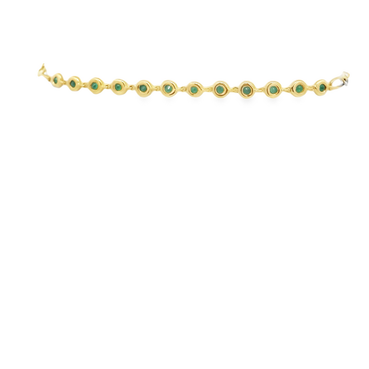 14K Yellow Gold Bezel, Paperclip Bracelet set with 12 0.42 Ctw. Round Emeralds(s) Total stone weight for bracelet measures 0.42 ctw.