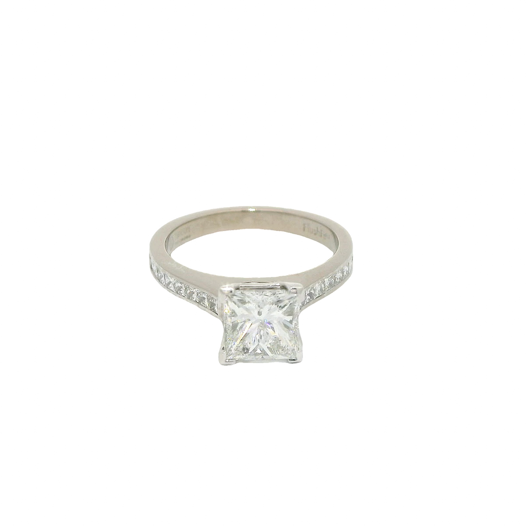 18K White Gold Accented Engagement Ring set with 1 1.51 ct Princess Cut Diamond, G SI2, and 16 Princess Cut Diamonds, 0.33 ctw