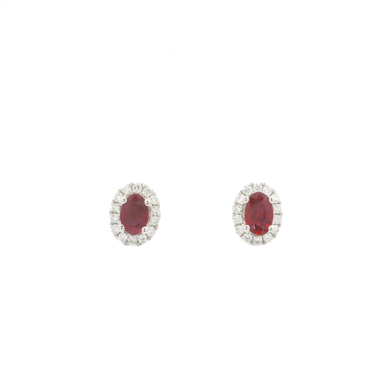 14K White Gold Stud Earrings set with 2 Oval Rubies, 1.45 ctw and 28 Round Diamonds, 0.33 ctw