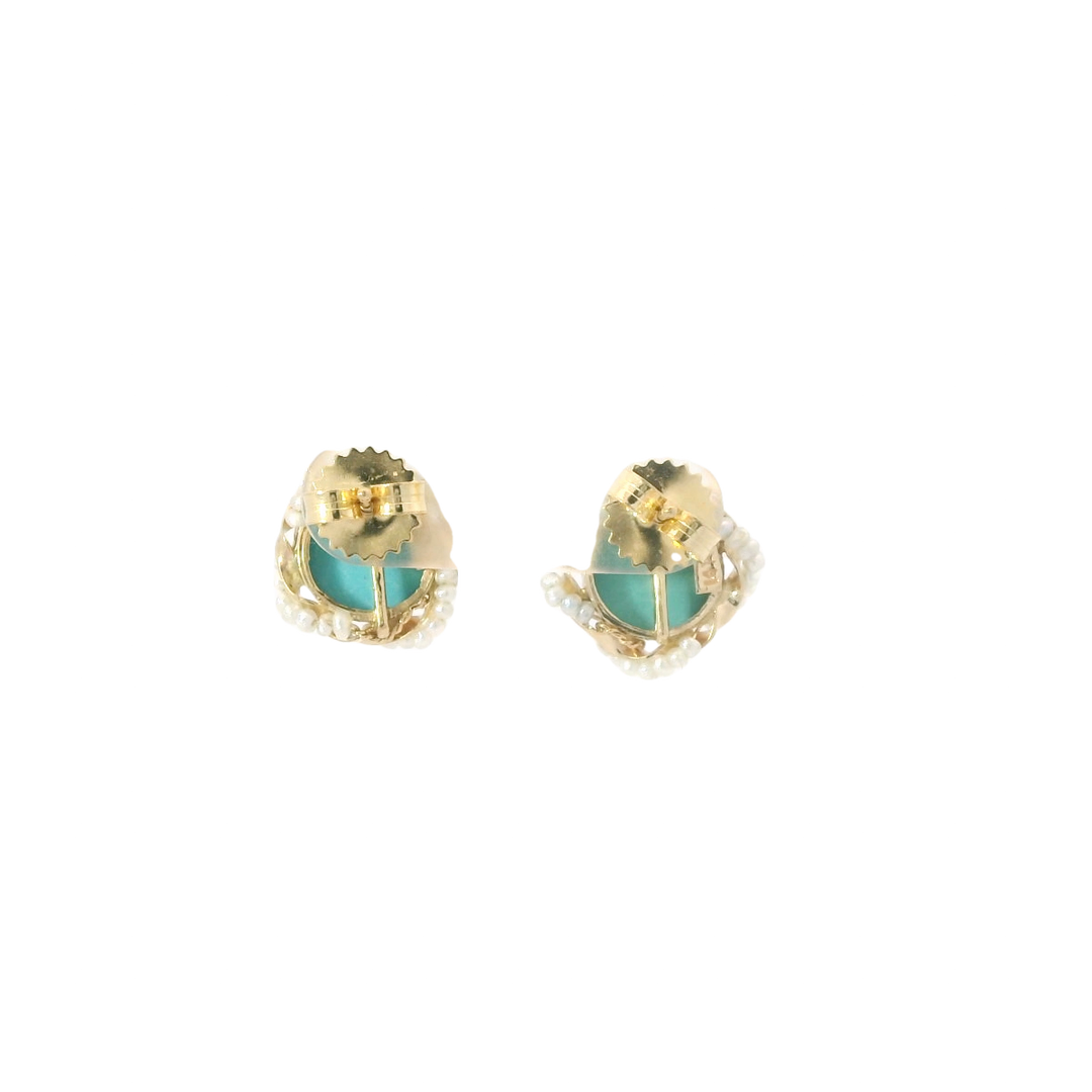Estate 14K Yellow Gold Stud Earrings set with 2 Round Cabochon Turquoise, 8mm and 58 Pearls